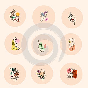 Collection of Highlights story icons for social media. Round vector composition with flowers and alchemy, boho signs.