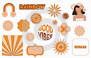 Collection of hippie design with orange flower,sun,rainbow,woman