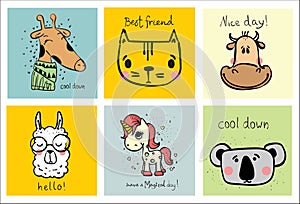 Collection of hipster cartoon character animals girrafe, cat, unicorn, coala and cow with accessories