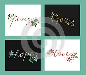 Collection with 4 Holiday cards made hand lettering Love, hope, peace, joy. photo