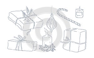 Collection of holiday objects gift boxes, candles, candy cane isolated.