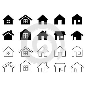 Collection home icons. House symbol. Set of real estate objects and houses black icons isolated on white background. Vector