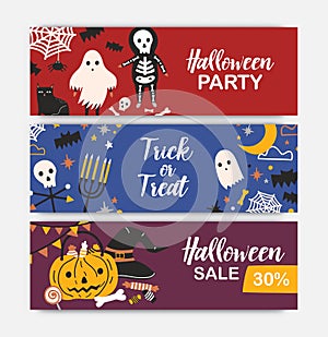 Collection of horizontal holiday web banner templates with Halloween characters. Colorful vector illustration in flat