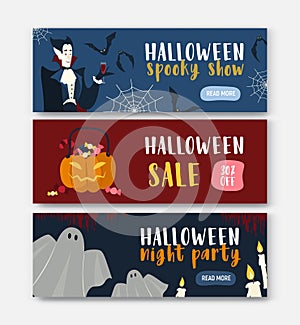 Collection of horizontal holiday web banner templates with Halloween characters - vampire, Jack-o`-lantern, ghost