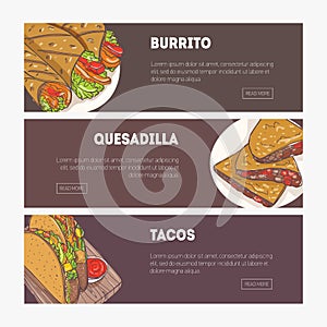 Collection of horizontal web banners with various traditional Mexican meals and place for text - burrito, quesadilla