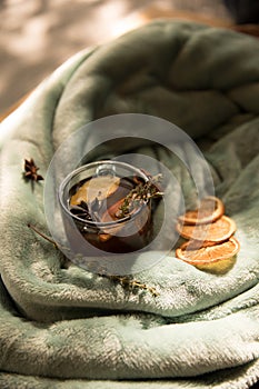 Collection of hot drinks in a glass with double walls isolated on white background. Cocoa, coffee, tea