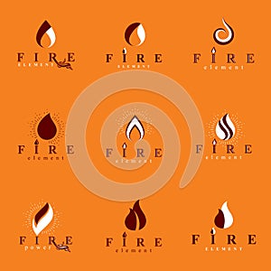 Collection of hot orange fire vector logotypes, nature element.