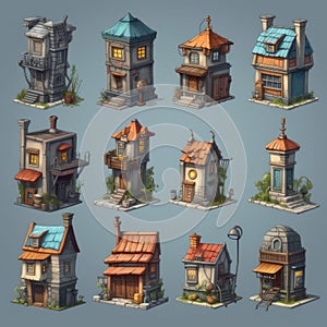 Collection of houses designed for use in 2D games