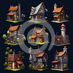 Collection of houses designed for use in 2D games