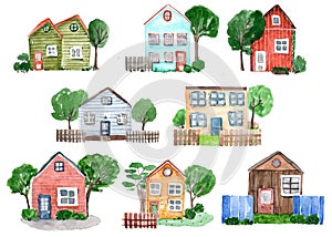 Collection of houses watercolor illustration
