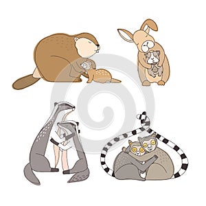 Collection of hugging cartoon animals isolated on white background - rabbit, beaver, ferret, guinea pig, lemurs, badgers