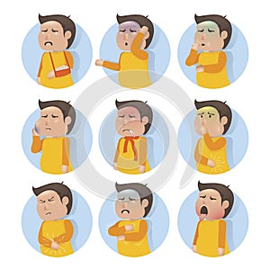 Collection of human boy with illnesses concept. Vector illustration decorative design