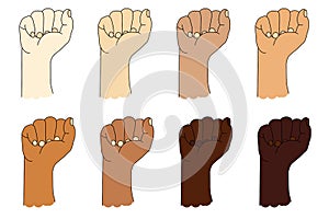 Collection of human ethnic hands with different skin color. Hand gesture. Raised fist or clenched fist. Vector