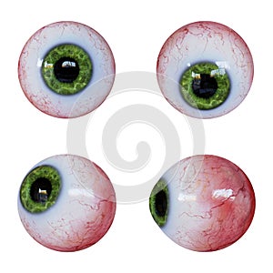 Collection of human eyeballs with green iris isolated on white background