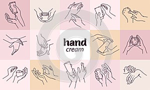 Collection of human hands with hand cream and moisturizer tube, can in different gestures and posses isolated.