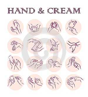 Collection of human hands with hand cream and moisturizer tube in different gestures and posses isolated on white background.