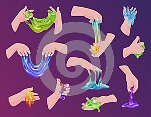 Collection of human hands holding colorful handmade slimes vector glossy sticky fluid game toy