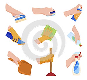 Collection of human hands holding detergents and cleaning product vector flat illustration