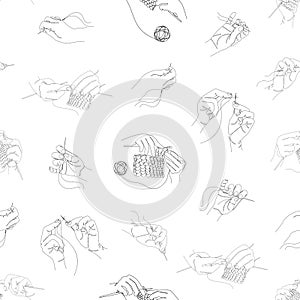 Collection. Human hands knitting and sewing with a needle and thread. Seamless pattern in art nouveau style in one line