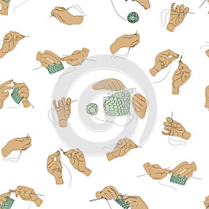 Collection. Human hands knitting and sewing with a needle and thread. Seamless pattern in art nouveau style in one line