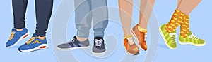 Collection human legs in sneakers vector flat illustration man and woman feet wearing sport footwear