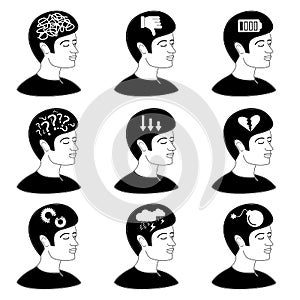 Collection of human mind issues icon concept depression confusion pessimism vector