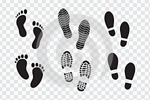 collection of Human walking footprints shoes and shoe sole funny feet footsteps paws people. vector eps 10