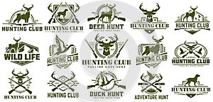 Collection of hunting logo, vector set of hunt label, badge or emblem, duck and deer hunt logo