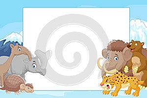 Collection of ice age animals with blank sign