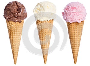 Collection of ice cream scoop sundae cone vanilla chocolate icecream isolated on white