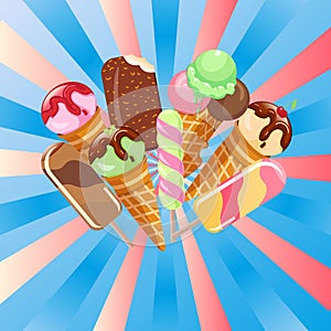 Collection of ice cream sweet dessert cold food illustrations on white.