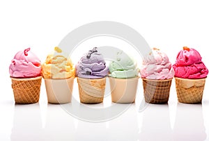 Collection of icecreams in many flavors and types on a white background for adding text