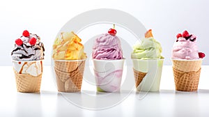 Collection of icecreams in many flavors and types on a white background for adding text