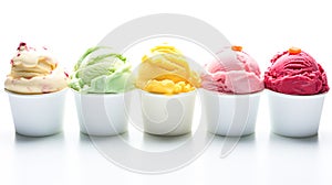 Collection of icecreams in many flavors and types on a white background for adding text