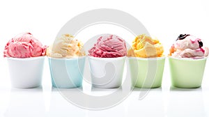 Collection of icecreams in many flavors and types on a white background for adding text