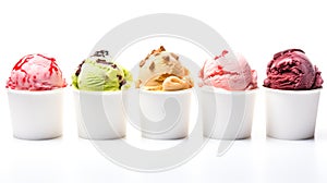 Collection of icecreams in many flavors and types on a white background for adding text