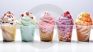 Collection of icecreams in many flavors and types on a white background for adding text