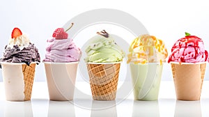 Collection of icecreams in many flavors and types on a white background for adding text