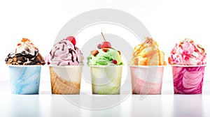 Collection of icecreams in many flavors and types on a white background for adding text
