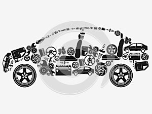 Collection of icons arranged in the shape of the car. The concept of automotive subjects.