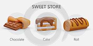 Collection of icons on colored background. 3D opened bar of chocolate, piece of cake, swiss roll