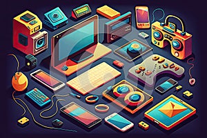 collection of icons representing popular electronic devices, such as smartphones, laptops, tablets, and gaming consoles