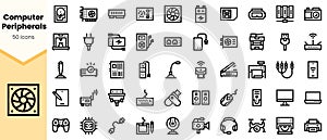 A collection of icons representing various computer peripherals, showcasing devices like monitors, keyboards, and printers in a photo