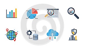Data analysis vector icons featuring charts, global network, security analytics