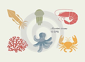 Collection of icons of sea inhabitants in flat style