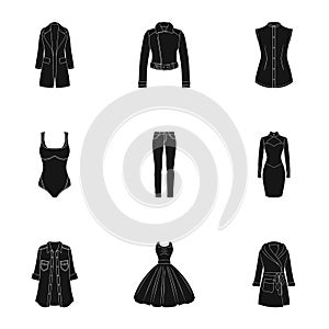 Collection of icons of womens clothing. Various women`s clothes for work, walking, sports. Women clothing icon in set