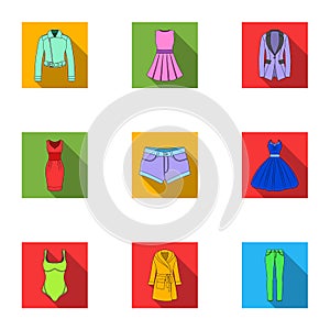 Collection of icons of womens clothing. Various women`s clothes for work, walking, sports. Women clothing icon in set