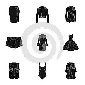 Collection of icons of womens clothing. Various women`s clothes for work, walking, sports. Women clothing icon in set