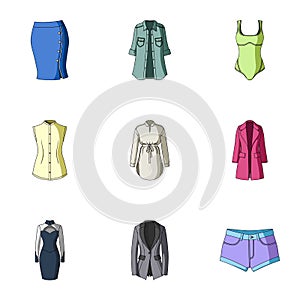 Collection of icons of womens clothing. Various women`s clothes for work, walking, sports. Women clothing icon in set