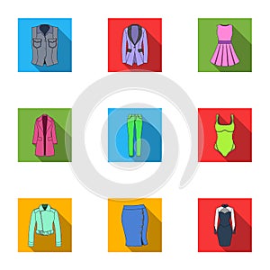 Collection of icons of womens clothing. Various women`s clothes for work, walking, sports. Women clothing icon in set